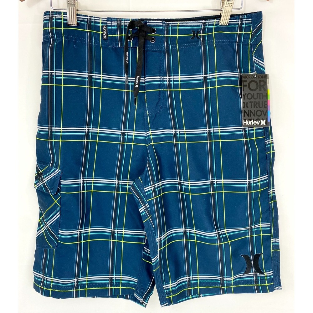 NEW Hurley Swim Trunks Men's 32 Bathing Suit Blue Swimsuit Board Shorts Plaid